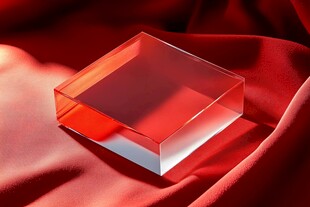 红色绸缎上的透明立方体