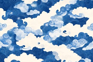 中式蓝白祥云海浪纹图案