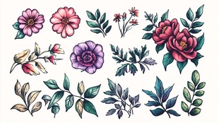 手绘多彩花卉与枝叶元素