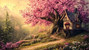 梦幻樱花下的静谧小木屋