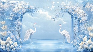 梦幻蓝调双鹤花卉美景