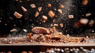 牛排烹饪时的碎屑飞溅瞬间