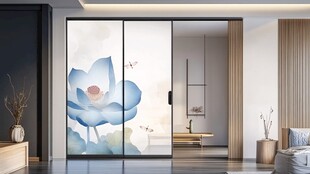 中式荷花图案玻璃隔断门