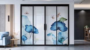 蓝荷蜻蜓艺术玻璃推拉门