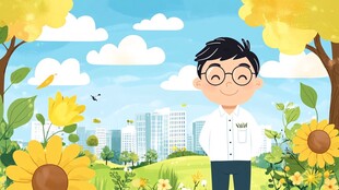 少年置身繁花绿地间