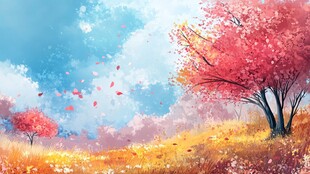 梦幻粉樱烂漫田野风景