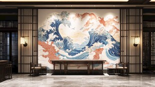 日式浮世绘风格大厅背景墙