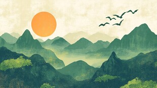 山间日出飞鸟诗意美景