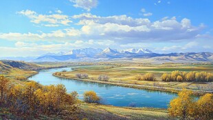 秋日河畔壮丽山水风光