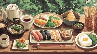 日式美食盛宴摆放在户外