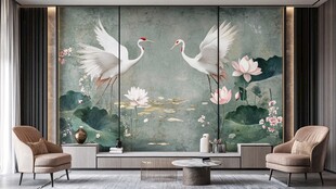 中式墙画 双鹤映荷雅致景