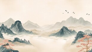 水墨山水间飞鸟绕峰图