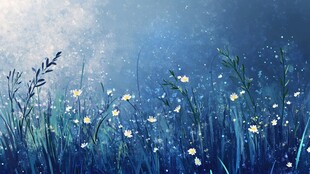 梦幻蓝调花草夜景图