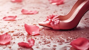 粉色高跟鞋与散落花瓣