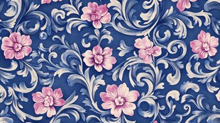 蓝色底粉色花卉复古花纹图案