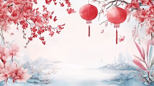 春日繁花红灯笼中式美景