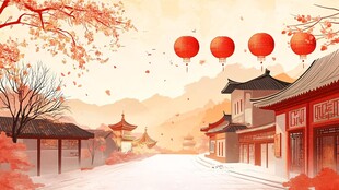 古街秋景挂红灯迎佳节