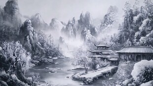 水墨雪景中式山水古建筑
