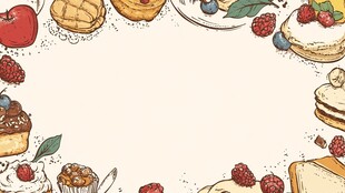 手绘美味甜点与鲜果环绕