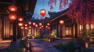 古宅夜色中红灯摇曳生姿