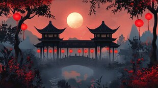 夕阳下的中式古风亭桥美景