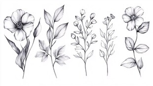 手绘黑白花卉植物元素