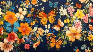 梦幻花卉蝴蝶图案背景