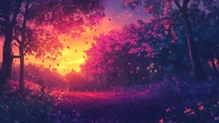 梦幻森林中的绚烂黄昏时刻