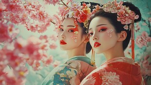 双姝着华裳 绽樱花之美