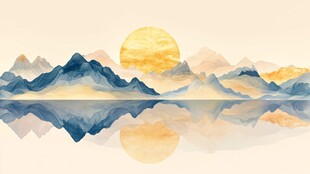 夕阳下的山水倒影美景