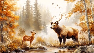 秋日森林中的鹿与自然美景