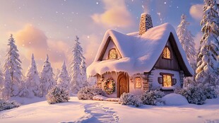 雪中小屋的温馨冬日景象