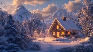 冬日雪中小屋梦幻美景
