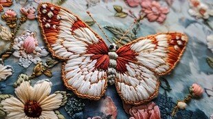 刺绣蝴蝶点缀花卉织物