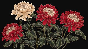 复古风三色菊花花卉图