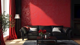 红墙黑皮沙发客厅一角