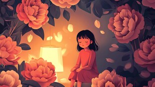 女孩在繁花中温馨独处