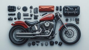 红色摩托车及配件展示