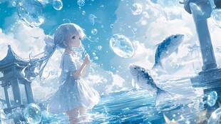 梦幻少女与水中锦鲤共舞