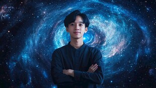 男子立于梦幻宇宙背景前