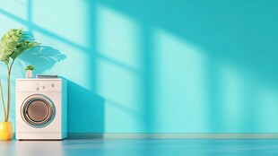 蓝墙下的洗衣机与绿植