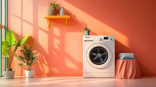 橙色空间中的简约洗衣场景