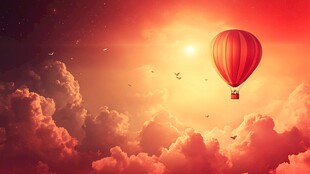 夕阳下的热气球梦幻飞行