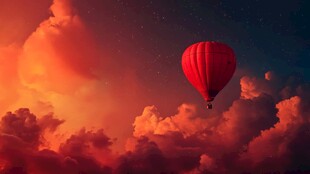 梦幻红热气球翱翔彩云间