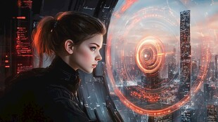 未来女战士凝视科技城市