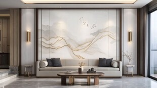 新中式客厅山水壁画背景墙