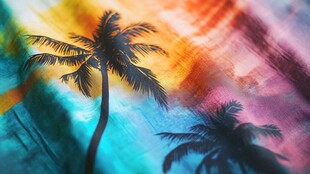 彩色背景下的棕榈树剪影