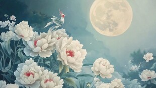 月夜牡丹旁的灵动飞鸟