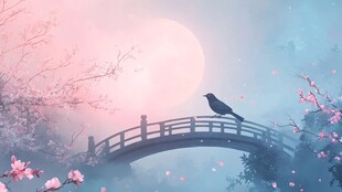 月夜鹊立桥畔诗意景