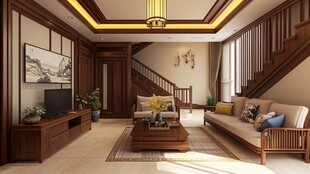 中式风格客厅与木质楼梯